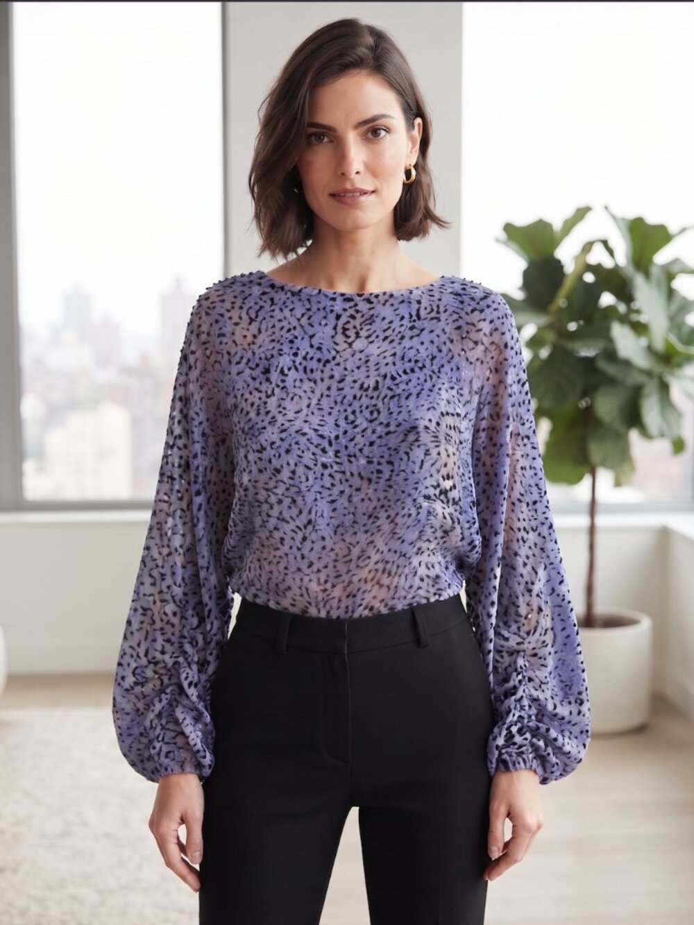 Joie Purple Black Leopard Animal Print Burnout Velvet Blouse-M- MSRP $228
